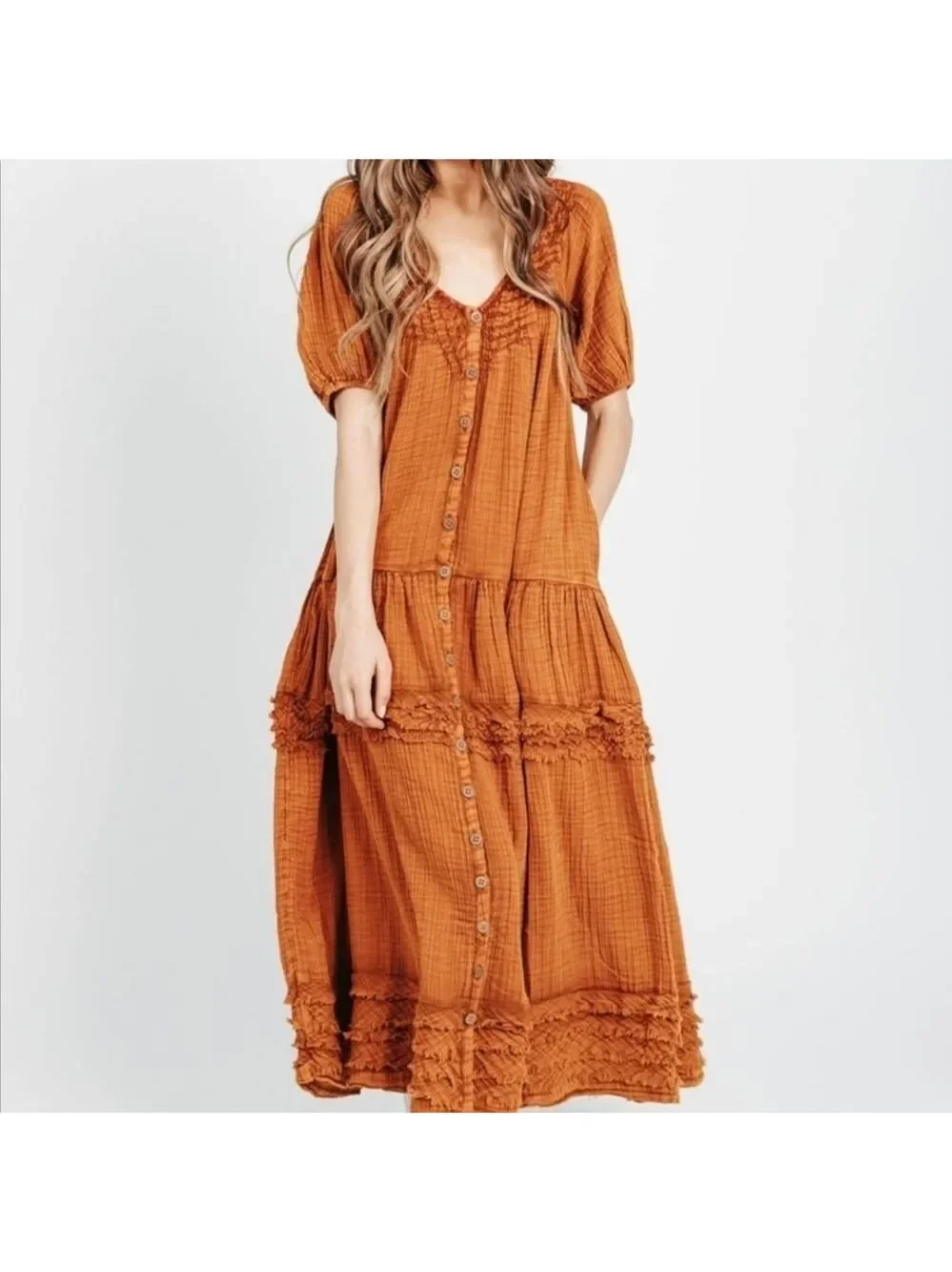 Free People XS Sunday Stroll Smocked Ruffle Boho Oversized Maxi Dress